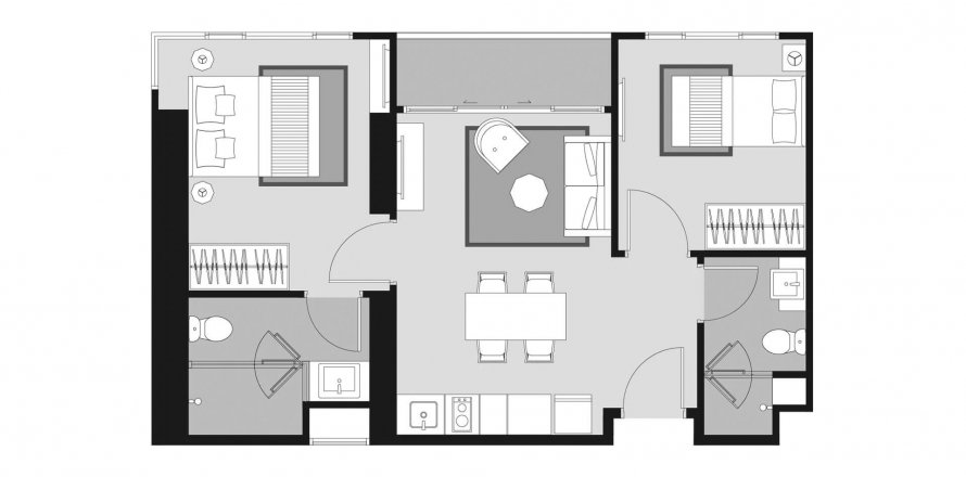 Планировка Квартиры «2BR-16» 2 спальни в ЖК Whizdom Avenue Ratchada - Ladprao