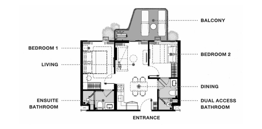 Планировка Квартиры «Rhea in Phuket» 2 спальни в ЖК The Balcony
