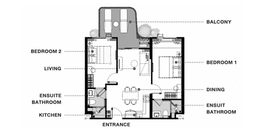 Планировка Квартиры «Rhea in Phuket» 2 спальни в ЖК The Balcony