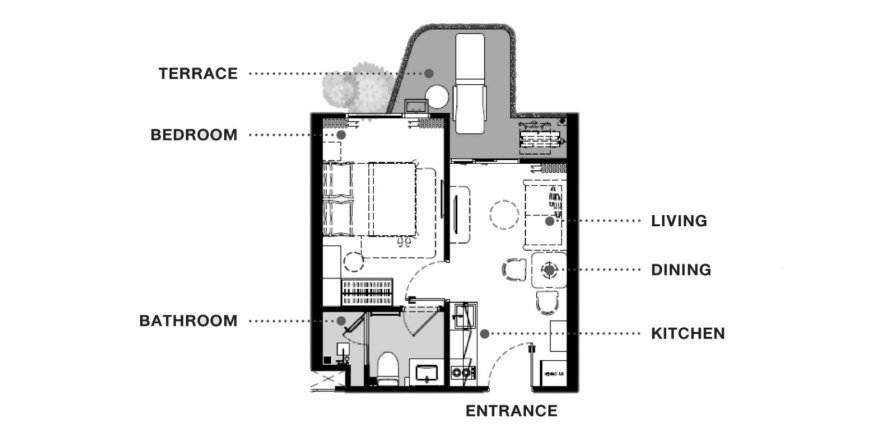 Планировка Квартиры «Rhea in Phuket» 1 спальня в ЖК The Balcony