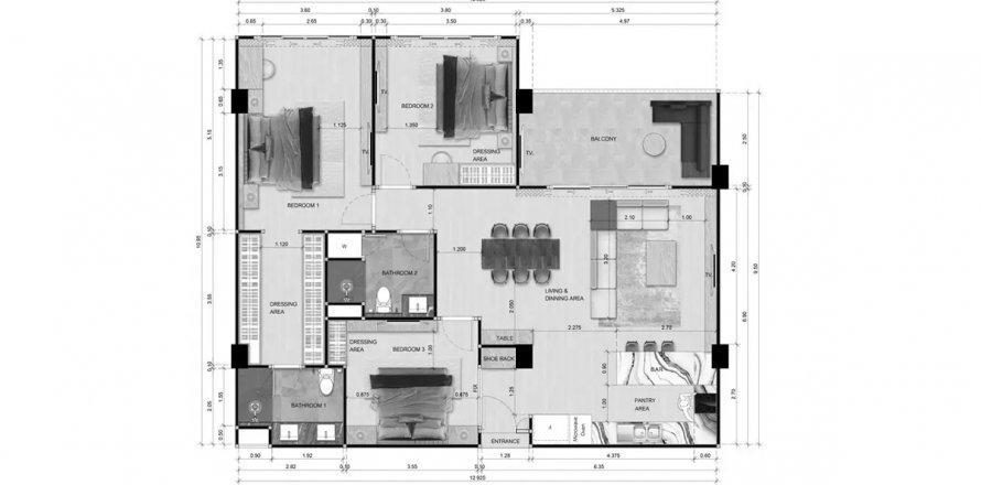 Apartment floor plan «3BR-36», 3 bedrooms in Zensiri Residences