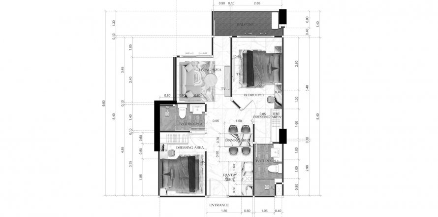 Планировка Кондоминиума «2BR-30» 2 спальни в ЖК Avenue Boutique Condominium