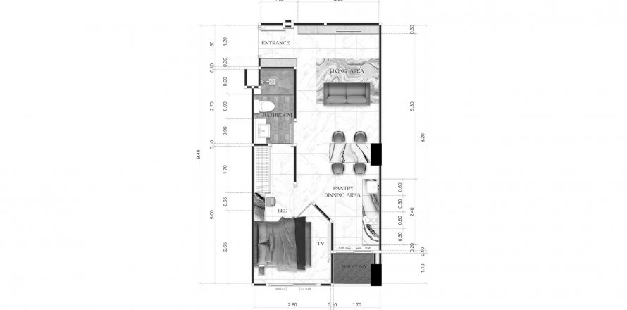 Планировка Кондоминиума «1BR-29» 1 спальня в ЖК Avenue Boutique Condominium