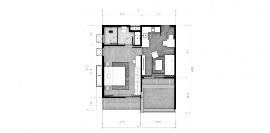 Планировка Квартиры «1BR-23» 1 спальня в корпусе Building R10 ABOV Patong in Patong Beach, Kathu, Phuket, Thailand, ЖК ABOV Patong