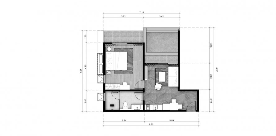Планировка Квартиры «1BR-17» 1 спальня в корпусе Building R12 ABOV Patong in Patong Beach, Kathu, Phuket, Thailand, ЖК ABOV Patong