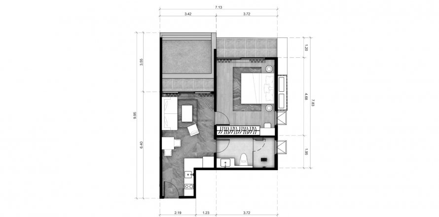 Планировка Квартиры «1BR-19» 1 спальня в корпусе Building R10 ABOV Patong in Patong Beach, Kathu, Phuket, Thailand, ЖК ABOV Patong