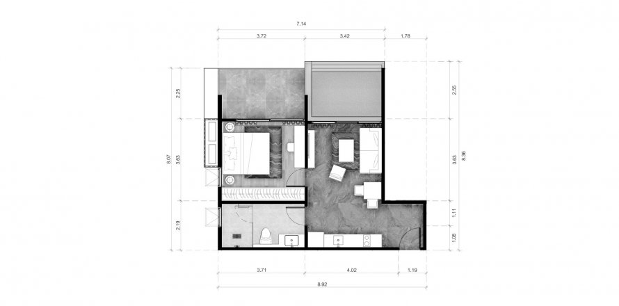 Планировка Квартиры «1BR-16» 1 спальня в корпусе Building R11 ABOV Patong in Patong Beach, Kathu, Phuket, Thailand, ЖК ABOV Patong