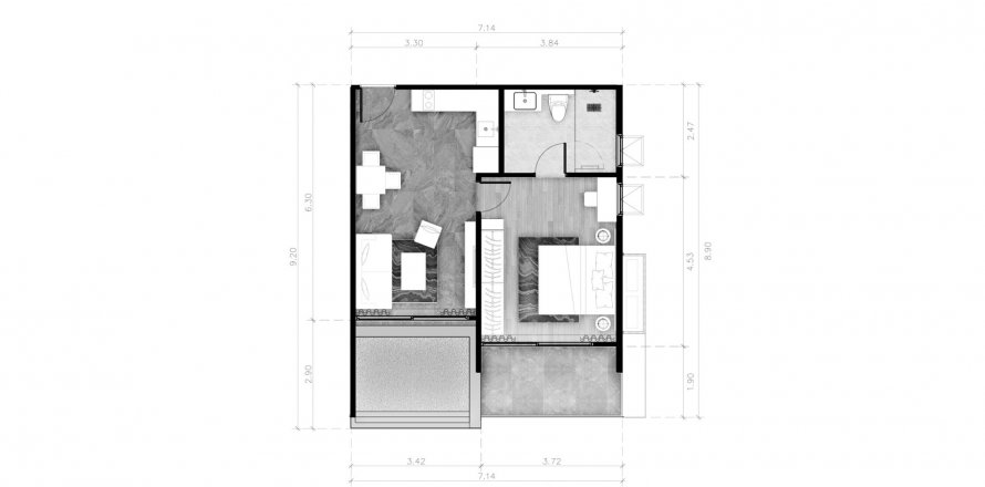 Планировка Квартиры «1BR-26» 1 спальня в корпусе Building R13 ABOV Patong in Patong Beach, Kathu, Phuket, Thailand, ЖК ABOV Patong